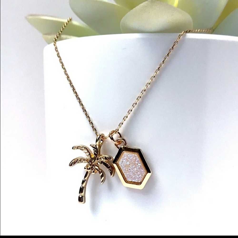 Beachy Palm tree and hexagon necklace
